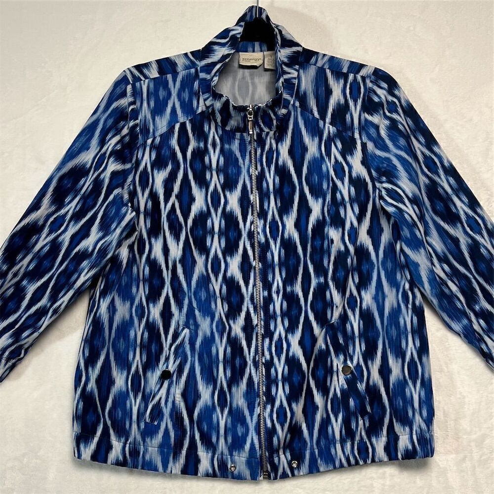 Chico's Zenergy Women's Jacket Blue & White Geometric Print Size 1